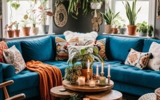 Salon jungle urbaine avec canapé en velours bleu et plantes suspendues