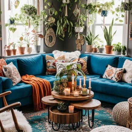 Salon jungle urbaine avec canapé en velours bleu et plantes suspendues