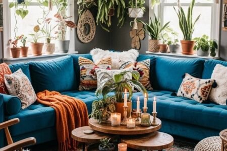 Salon jungle urbaine avec canapé en velours bleu et plantes suspendues