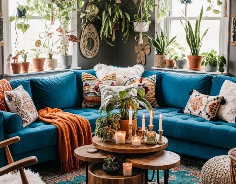 Salon jungle urbaine avec canapé en velours bleu et plantes suspendues