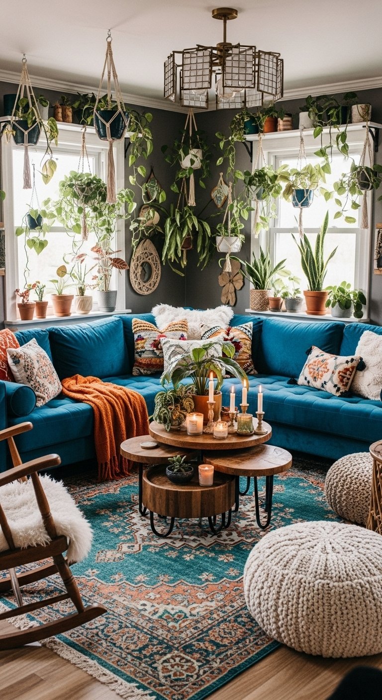 Salon jungle urbaine avec canapé en velours bleu et plantes suspendues