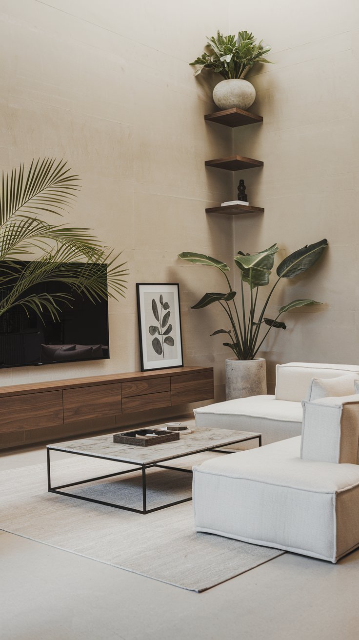 Salon minimaliste avec fauteuils blancs et table basse en marbre