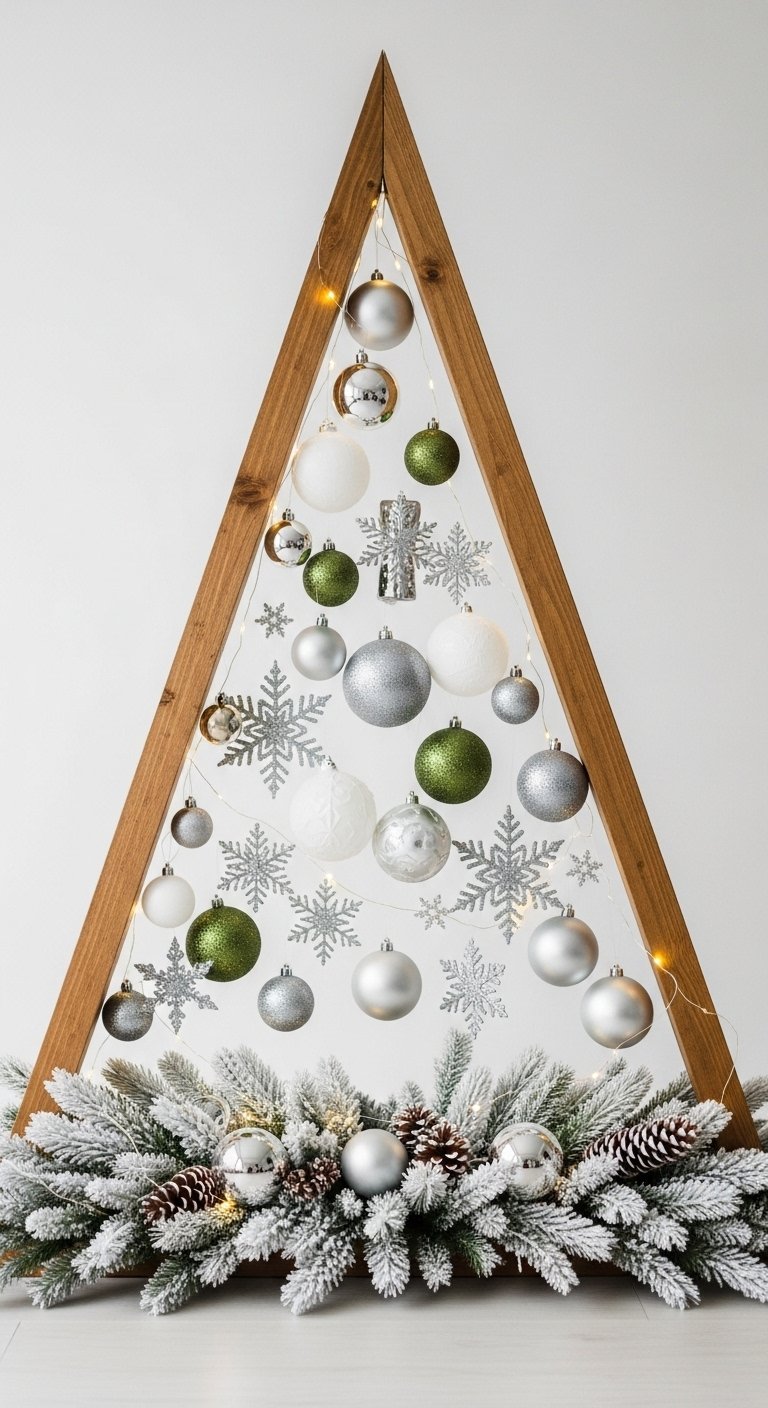 Structure de sapin de noel triangulaire en bois avec des boules suspendues