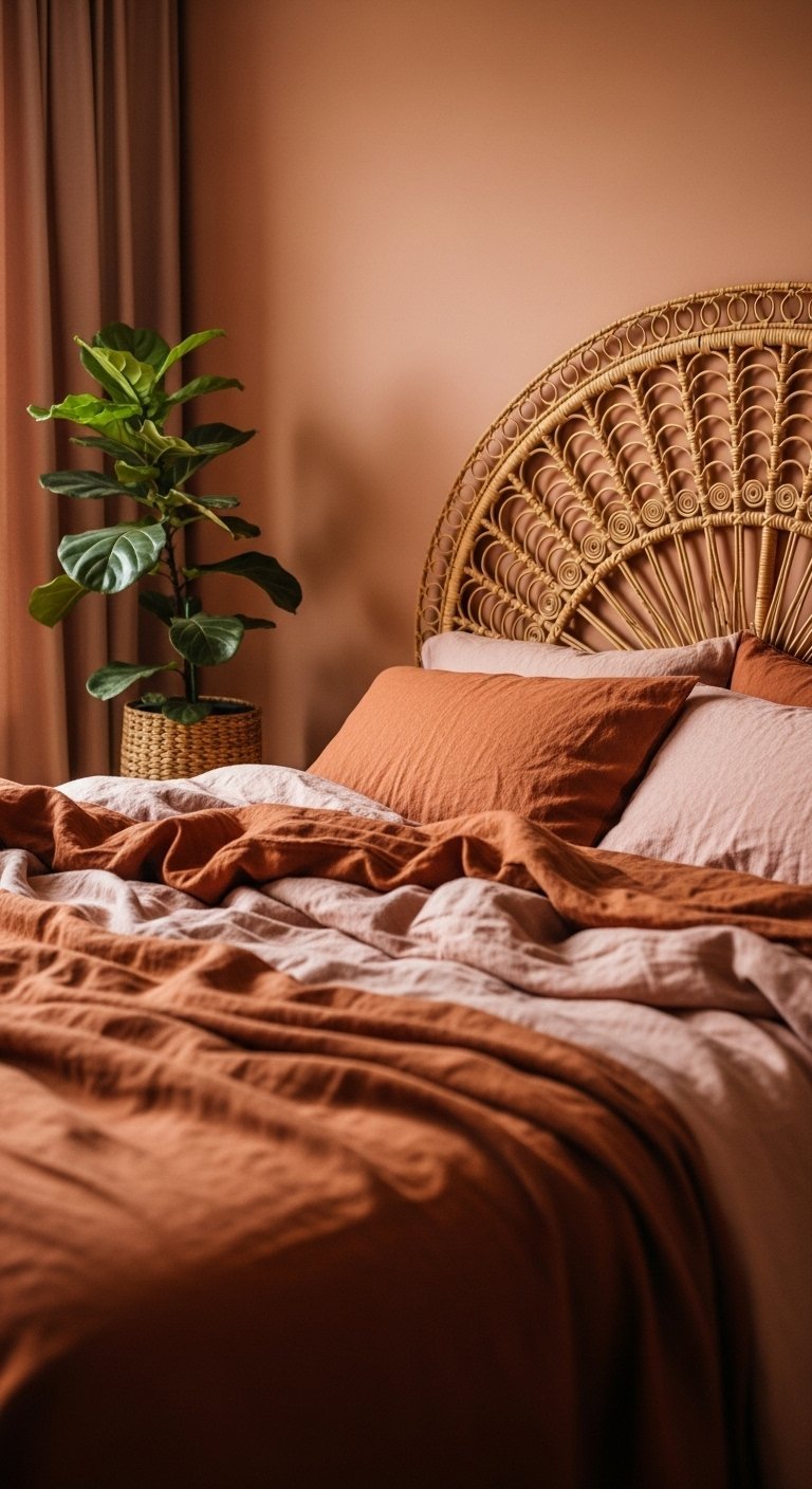 Tête de lit en rotin contre un mur terracotta avec plante verte
