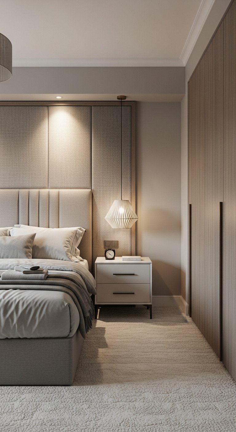Tete de lit murale en panneaux de tissu avec lampe suspendue