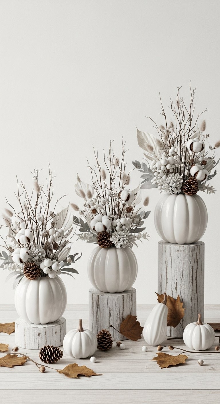 Trio de vases blancs en forme de citrouille avec des compositions de fleurs séchées