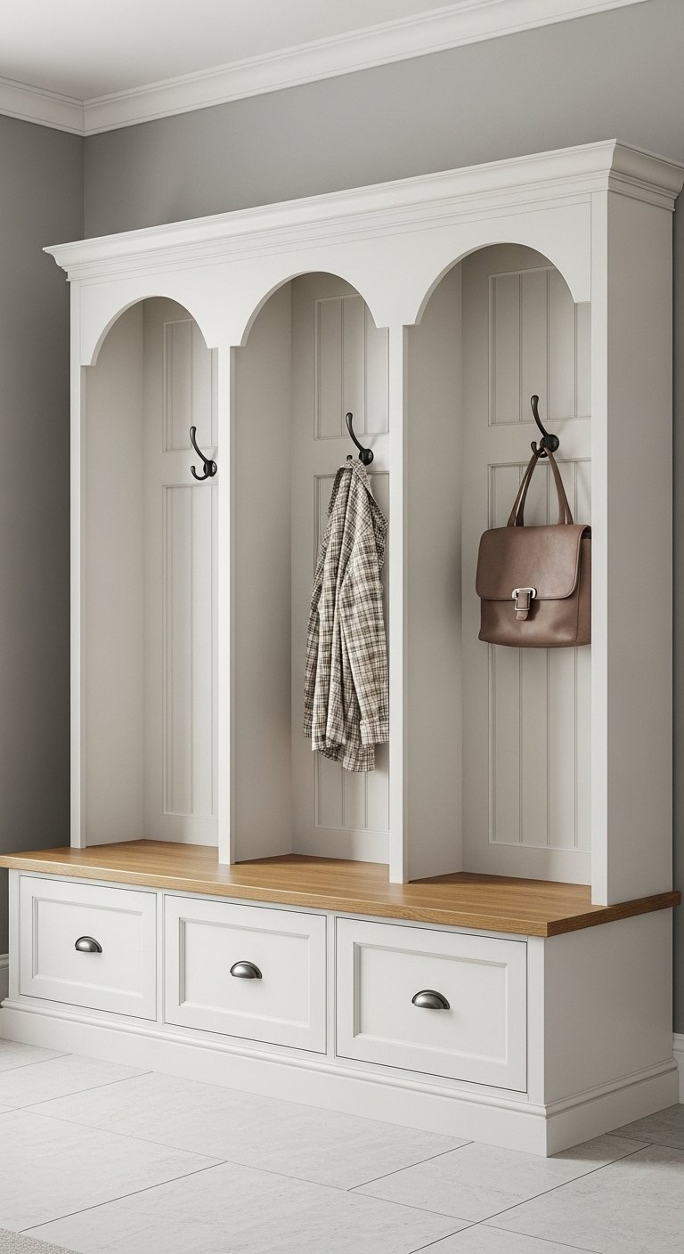 Vestiaire blanc avec trois alcôves de suspension en forme d arche