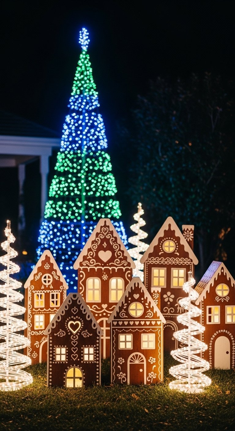 Village miniature de maisons en pain d épices illuminées devant un grand sapin de Noël bleu et vert
