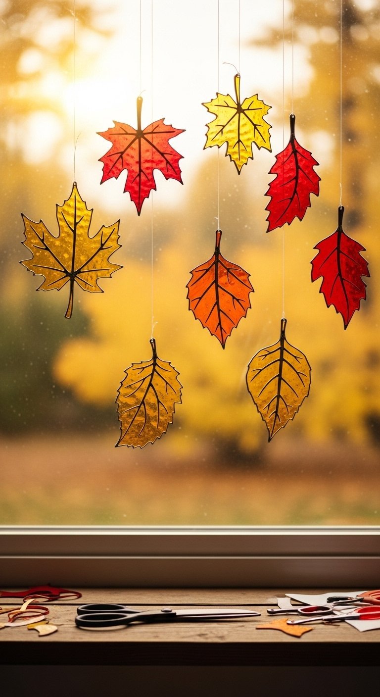 Attrape soleil colorés en forme de feuilles d automne suspendus à une fenêtre
