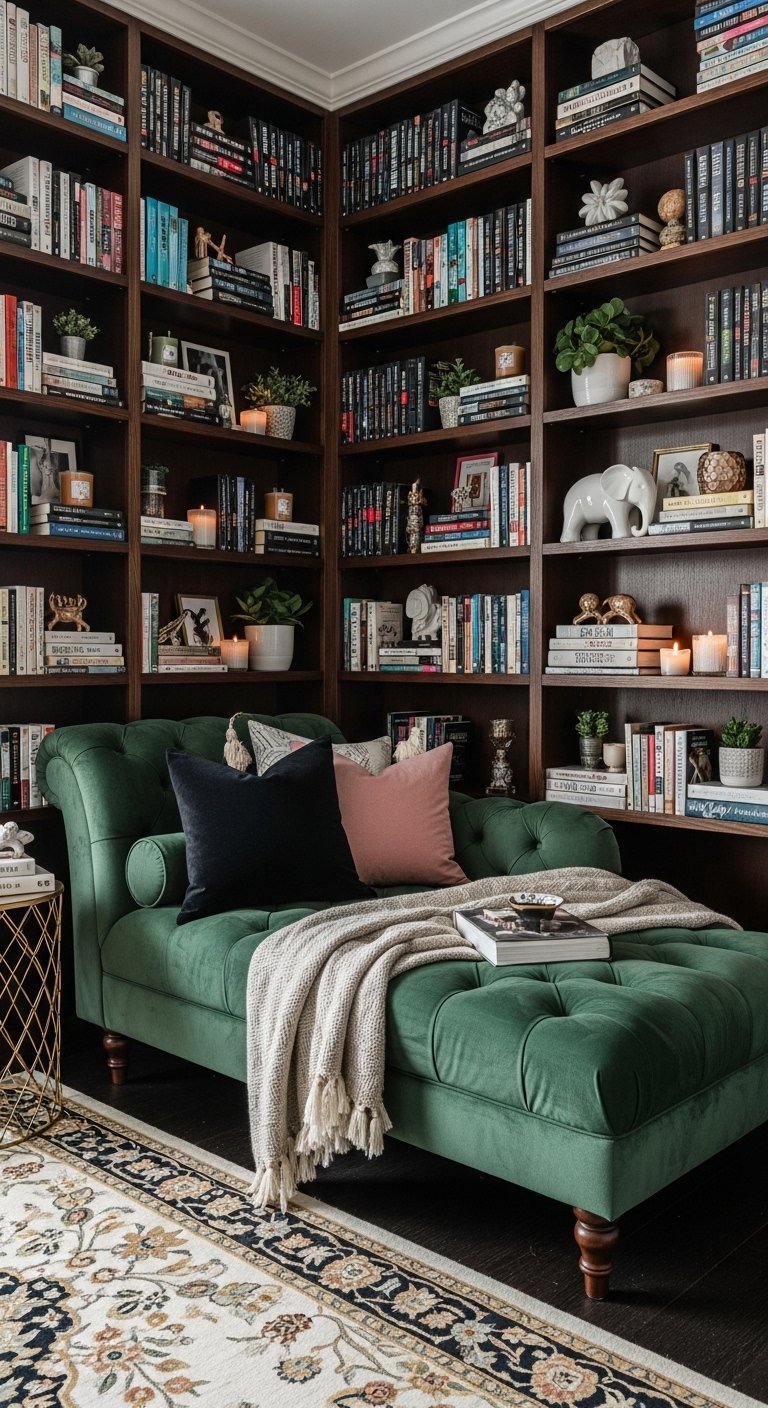 Bibliotheque en bois fonce entourant une meridienne en velours vert