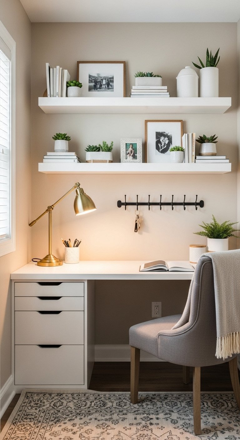 Bureau blanc avec des étagères flottantes blanches décorées de plantes succulentes