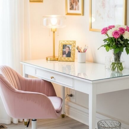 Bureau blanc avec plateau en verre et chaise en velours rose