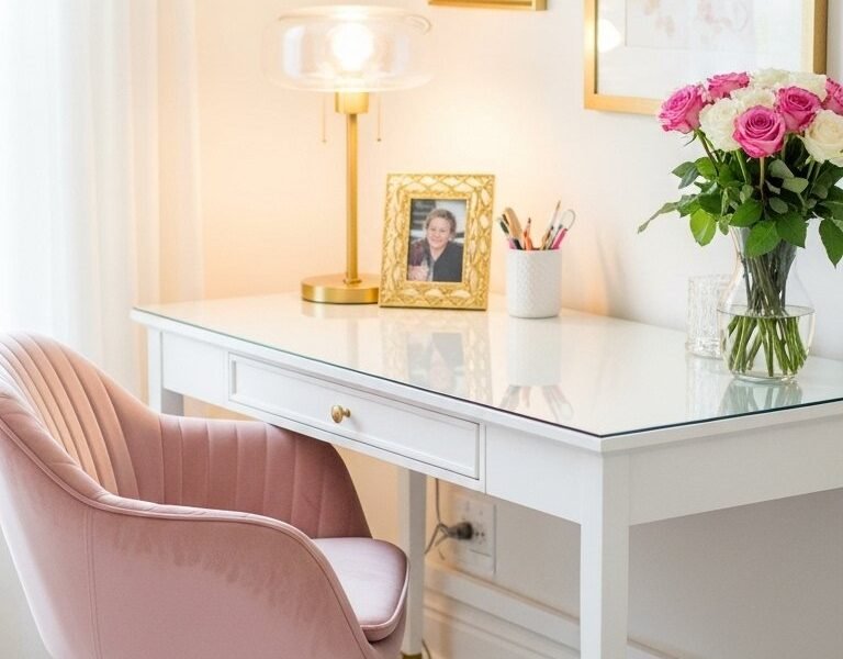 Bureau blanc avec plateau en verre et chaise en velours rose