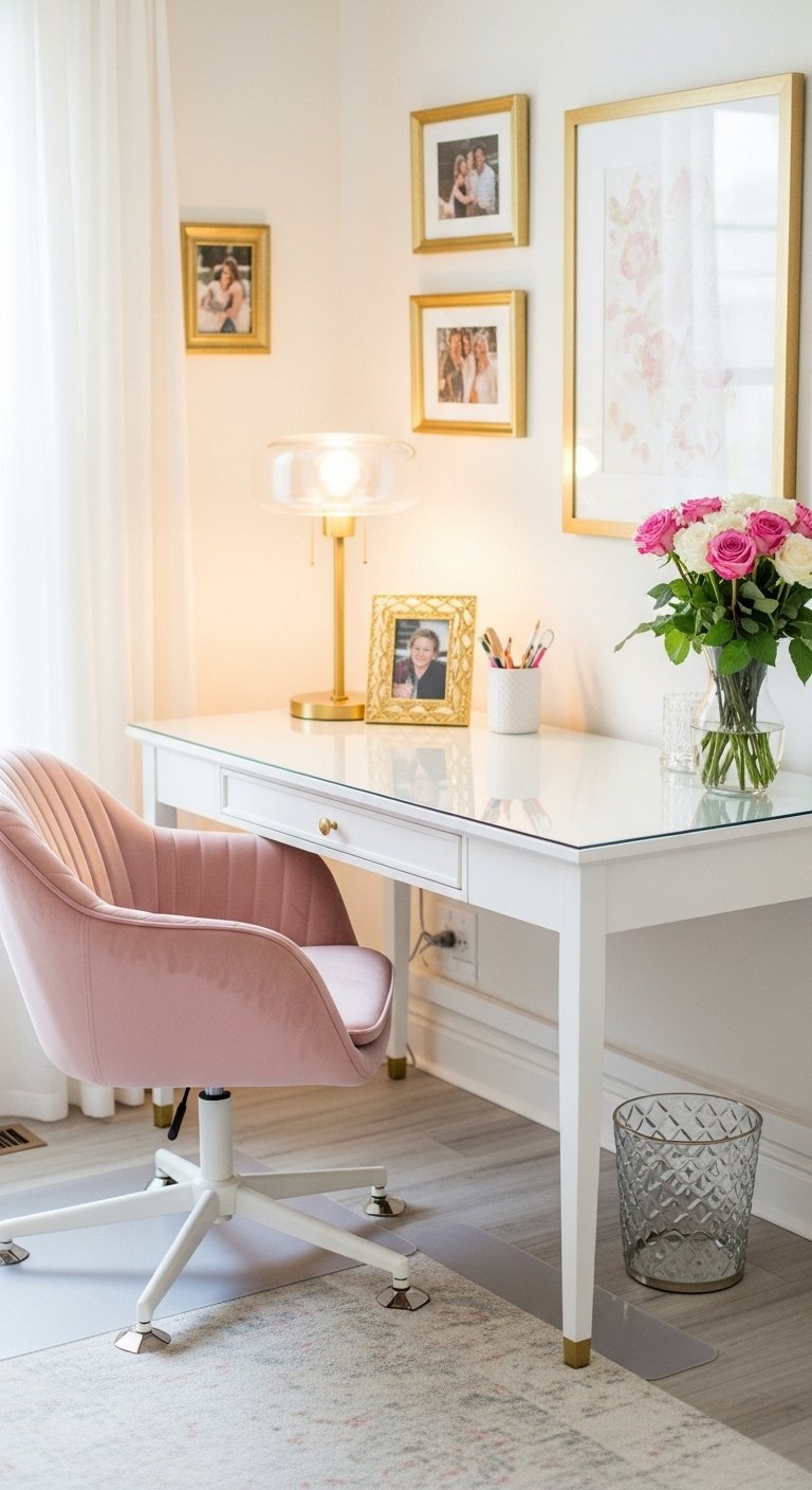 Bureau blanc avec plateau en verre et chaise en velours rose
