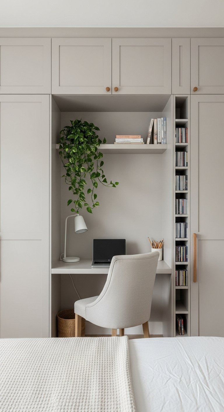 Bureau compact intégré dans une penderie de chambre couleur taupe