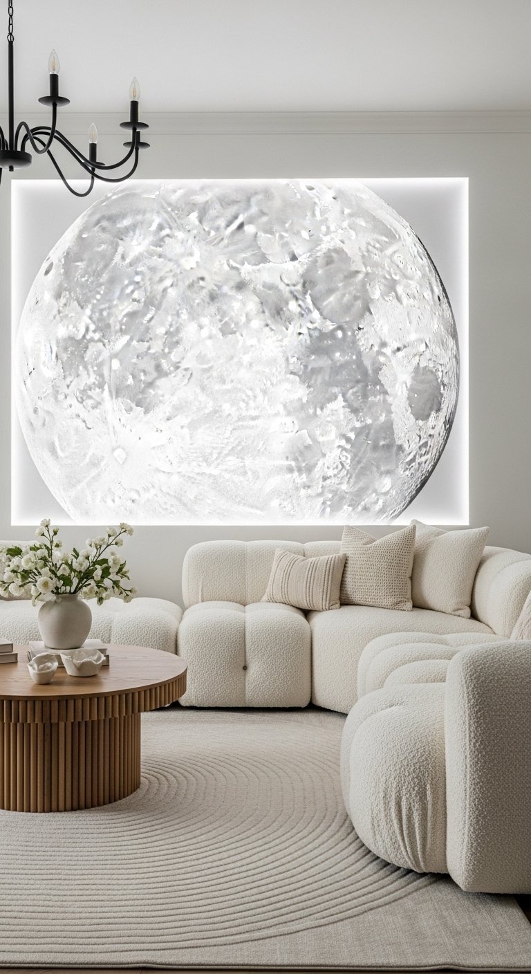 Canapé modulaire blanc en tissu bouclé devant une décoration murale en forme de lune