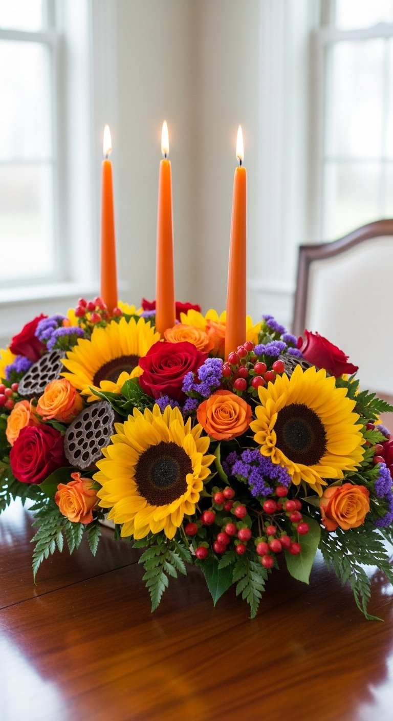 Centre de table floral classique avec tournesols roses rouges et bougies orange