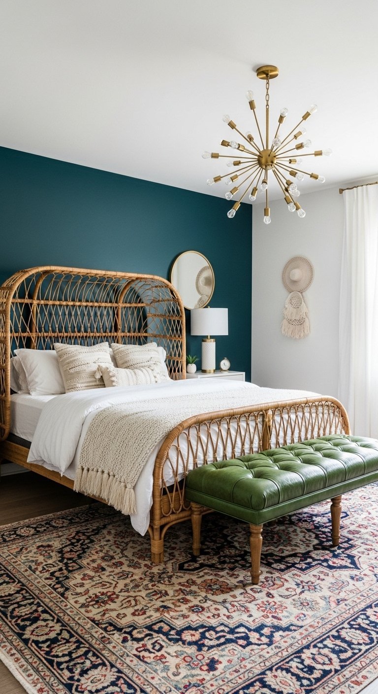 Chambre bohème chic avec lit en rotin et mur bleu canard