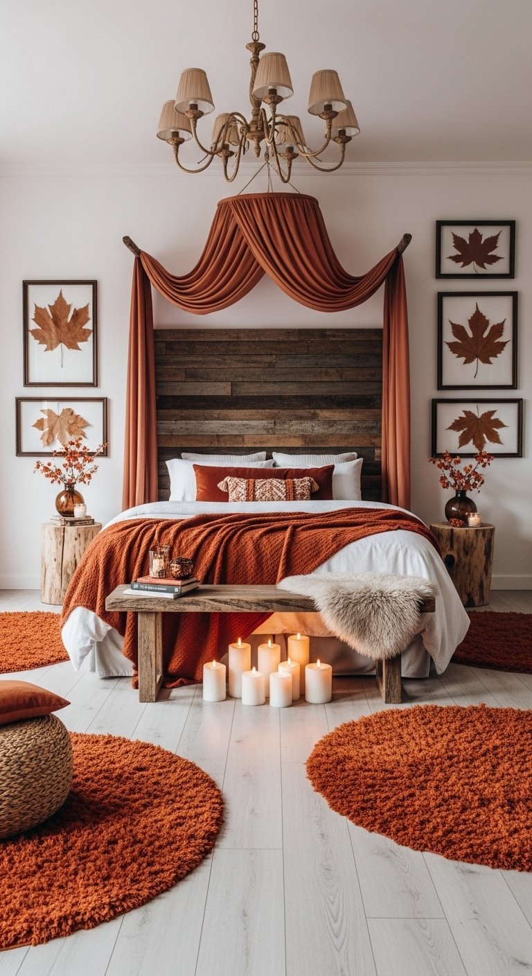 Chambre elegante avec baldaquin en tissu et feuilles d erable encadrees