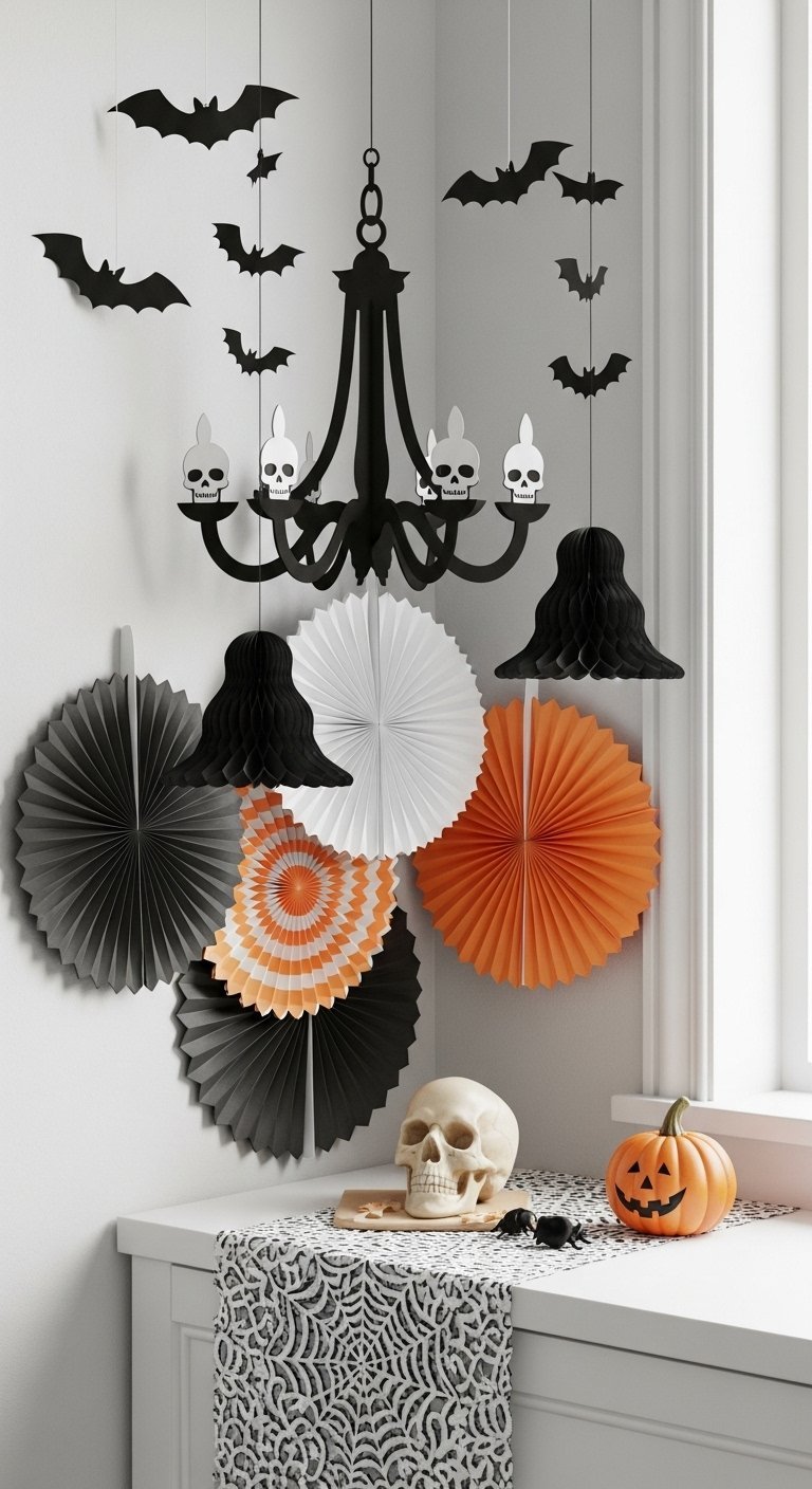 Coin decoration avec un lustre noir et des eventails en papier orange