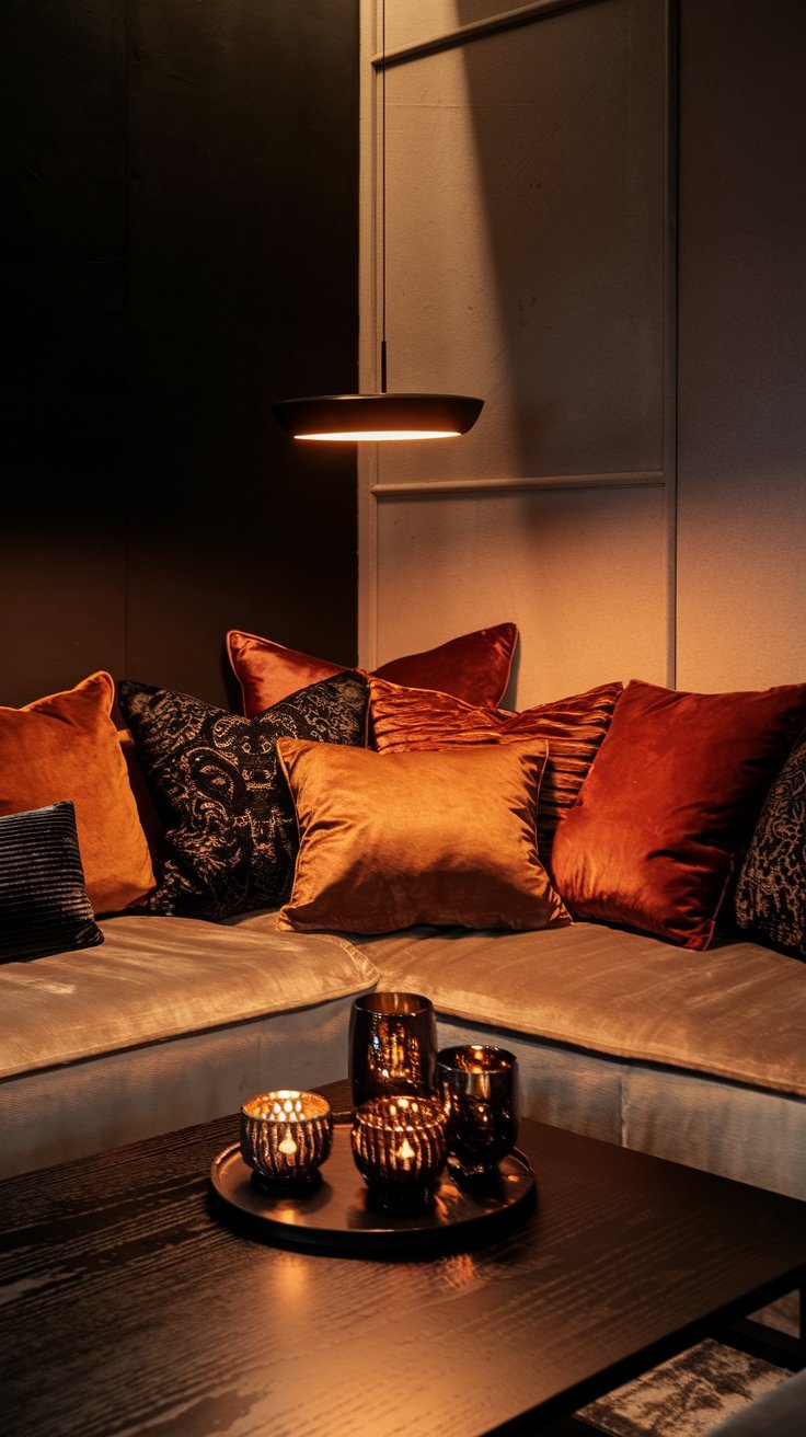 Coin salon sombre et intimiste avec eclairage tamise et coussins en velours