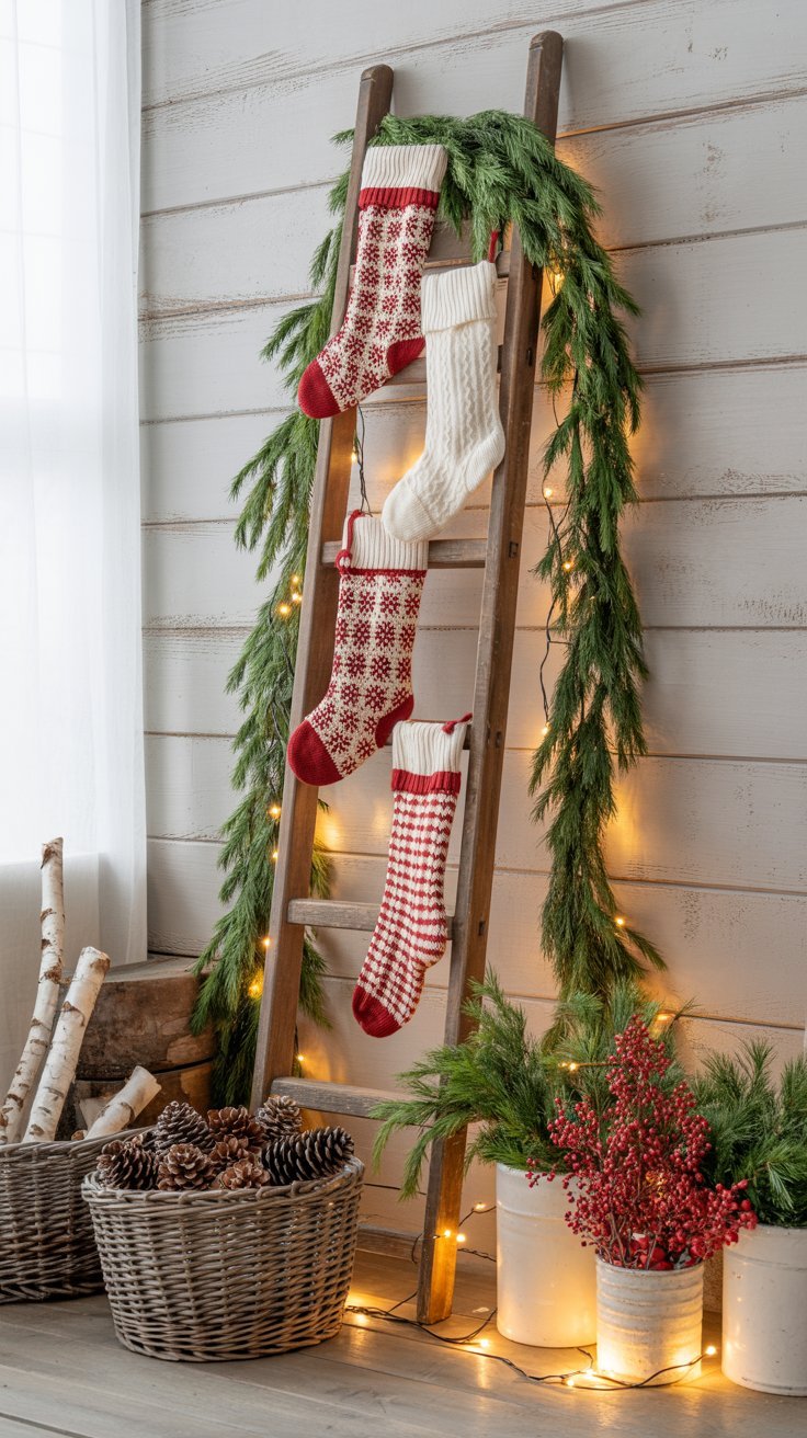 Échelle en bois décorative avec des chaussettes de Noël et une guirlande
