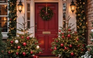 Entree de maison avec bonshommes de neige lumineux et cadeaux