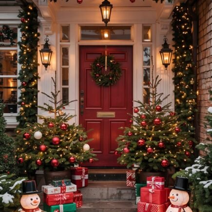 Entree de maison avec bonshommes de neige lumineux et cadeaux
