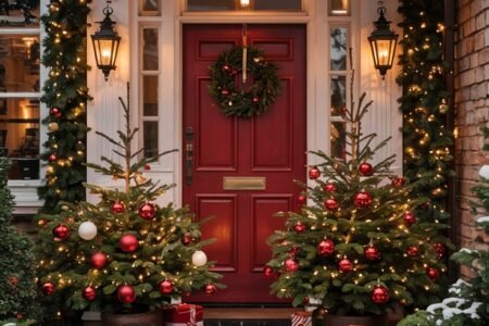 Entree de maison avec bonshommes de neige lumineux et cadeaux