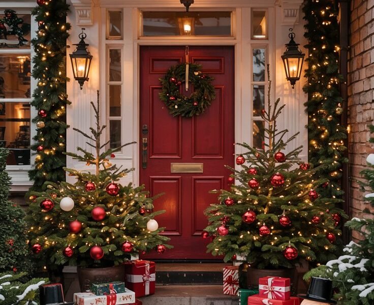 Entree de maison avec bonshommes de neige lumineux et cadeaux