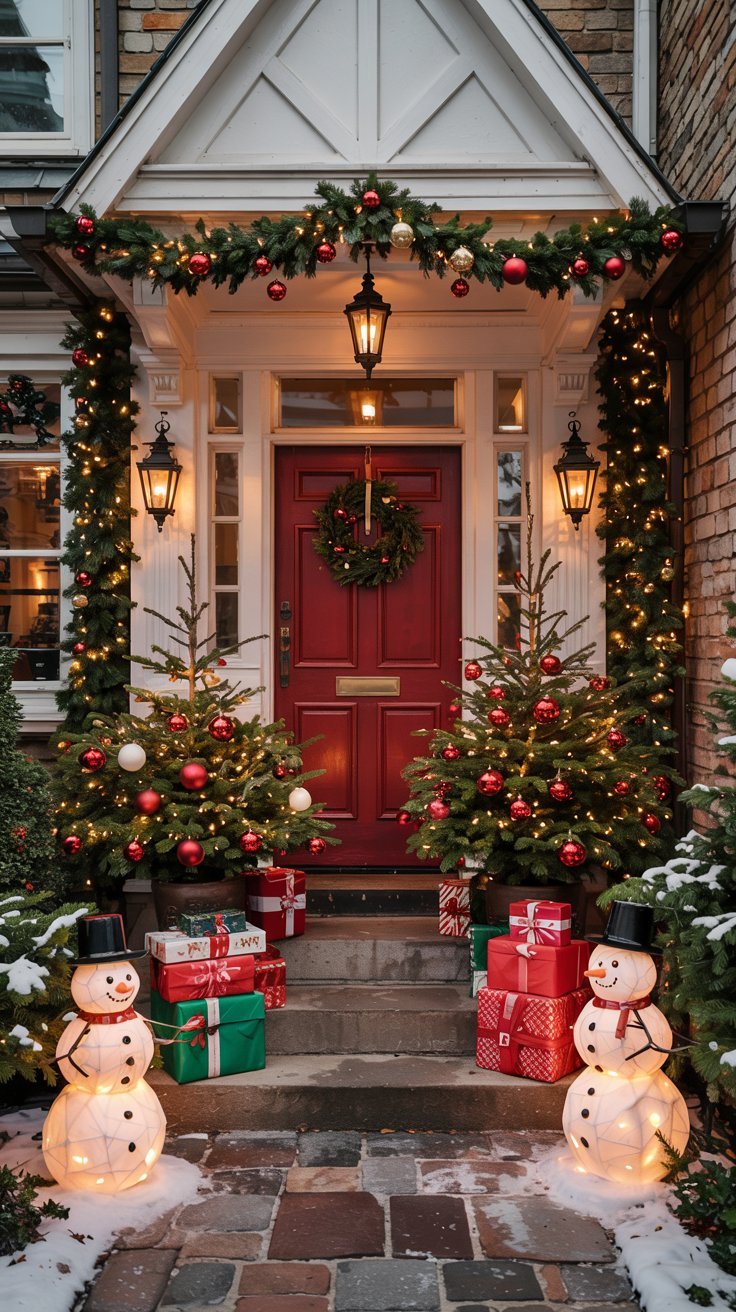Entree de maison avec bonshommes de neige lumineux et cadeaux