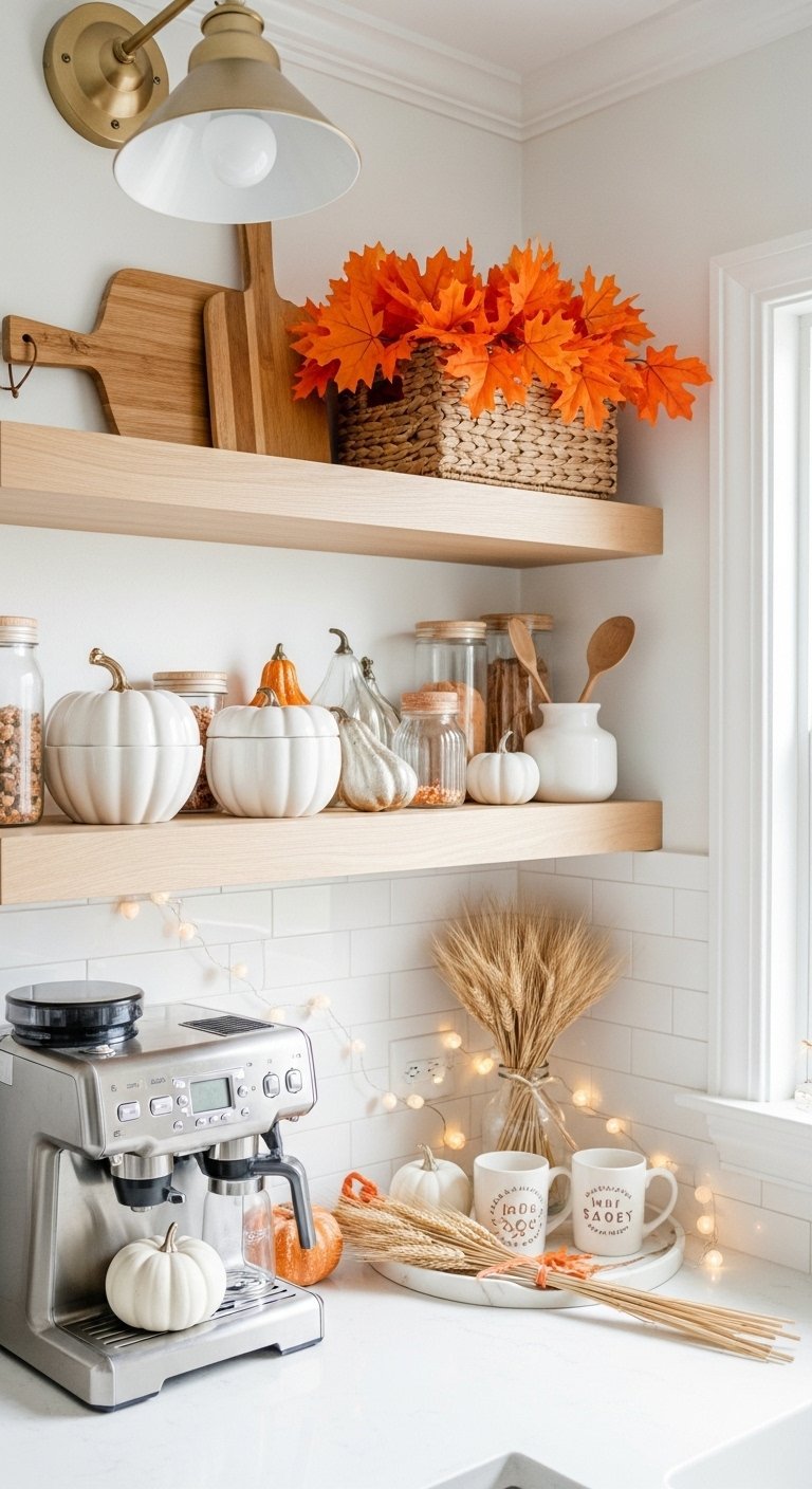 Étagères de cuisine en bois décorées avec des citrouilles en céramique blanche