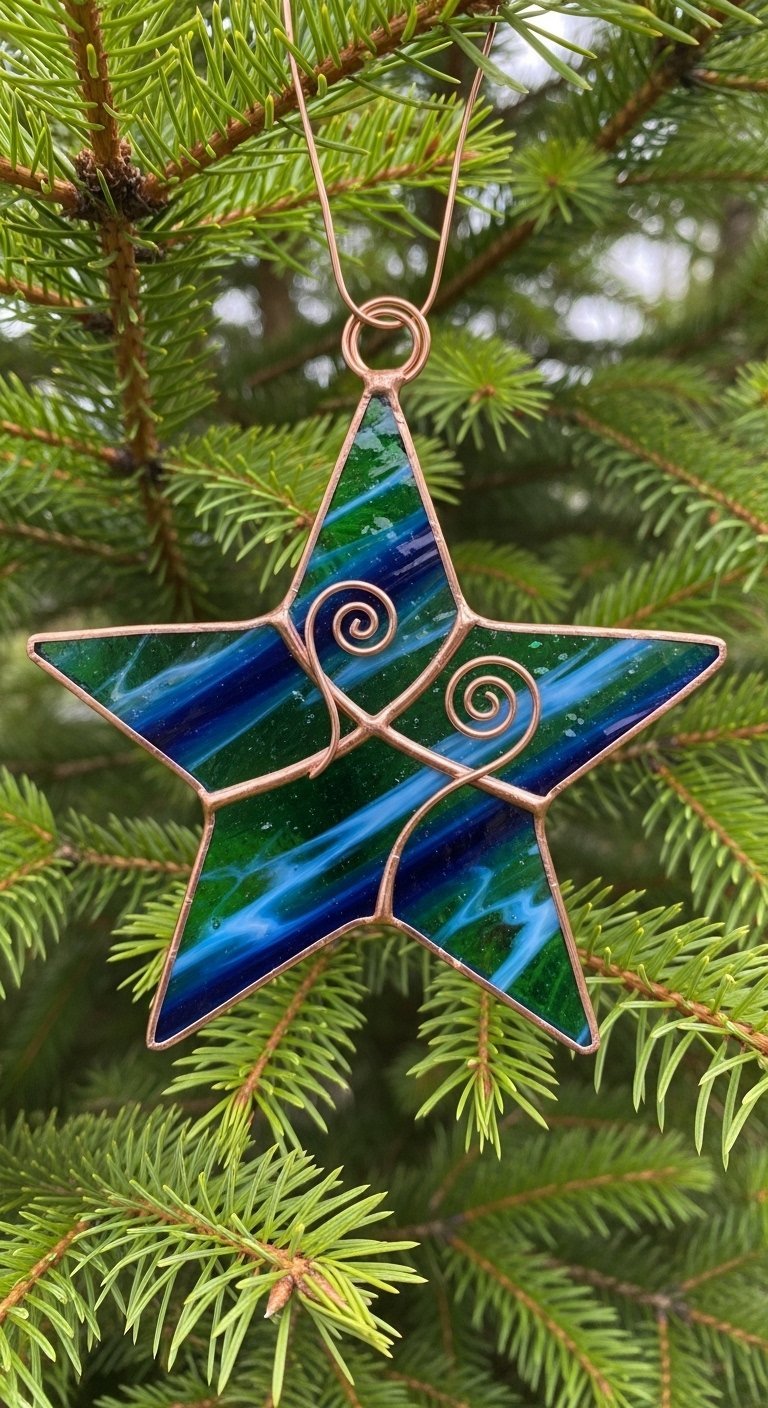 Étoile en vitrail bleu et vert avec des détails en fil de cuivre en spirale