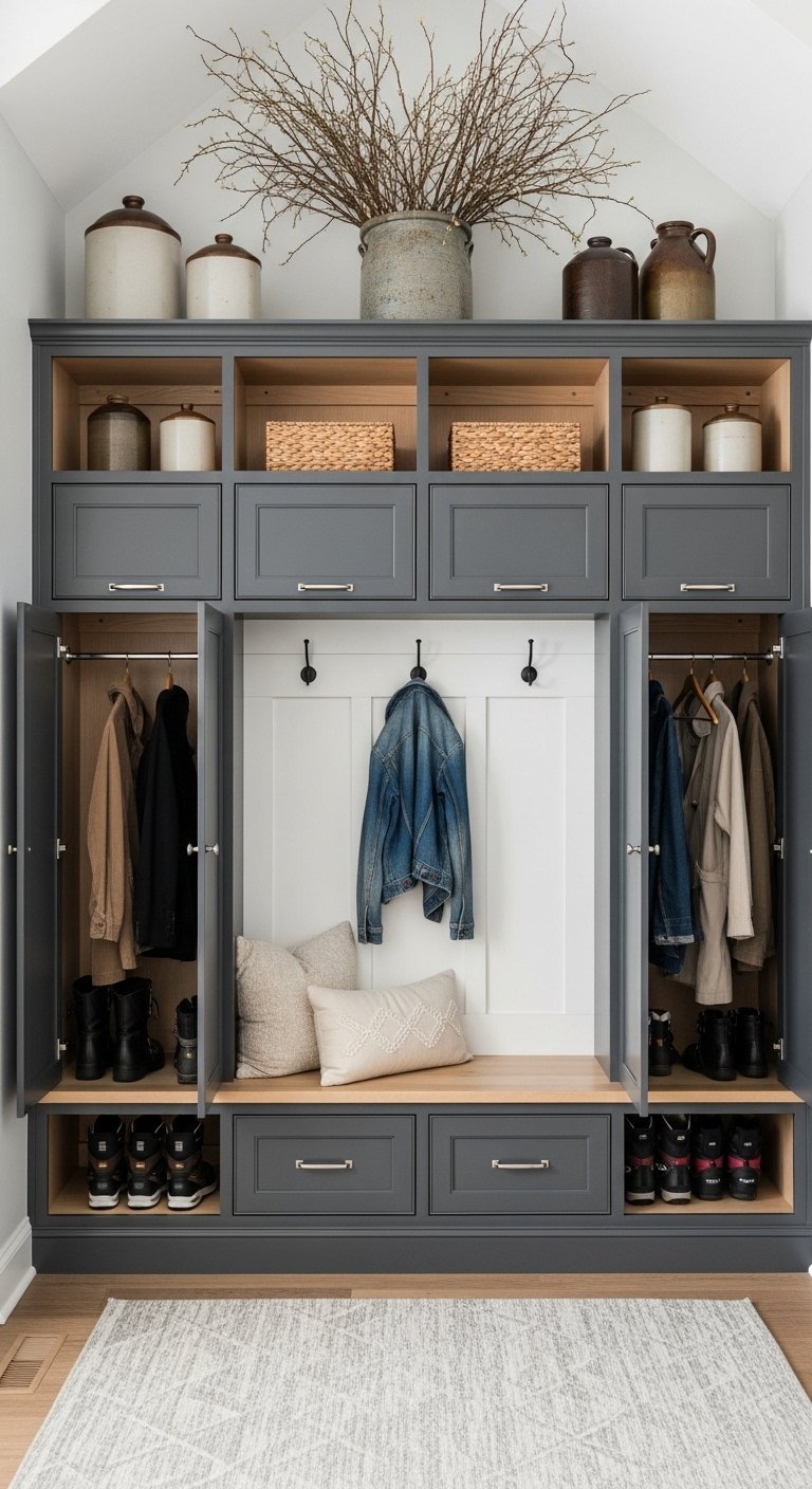 Grand vestiaire gris anthracite avec penderies cachées et rangements ouverts