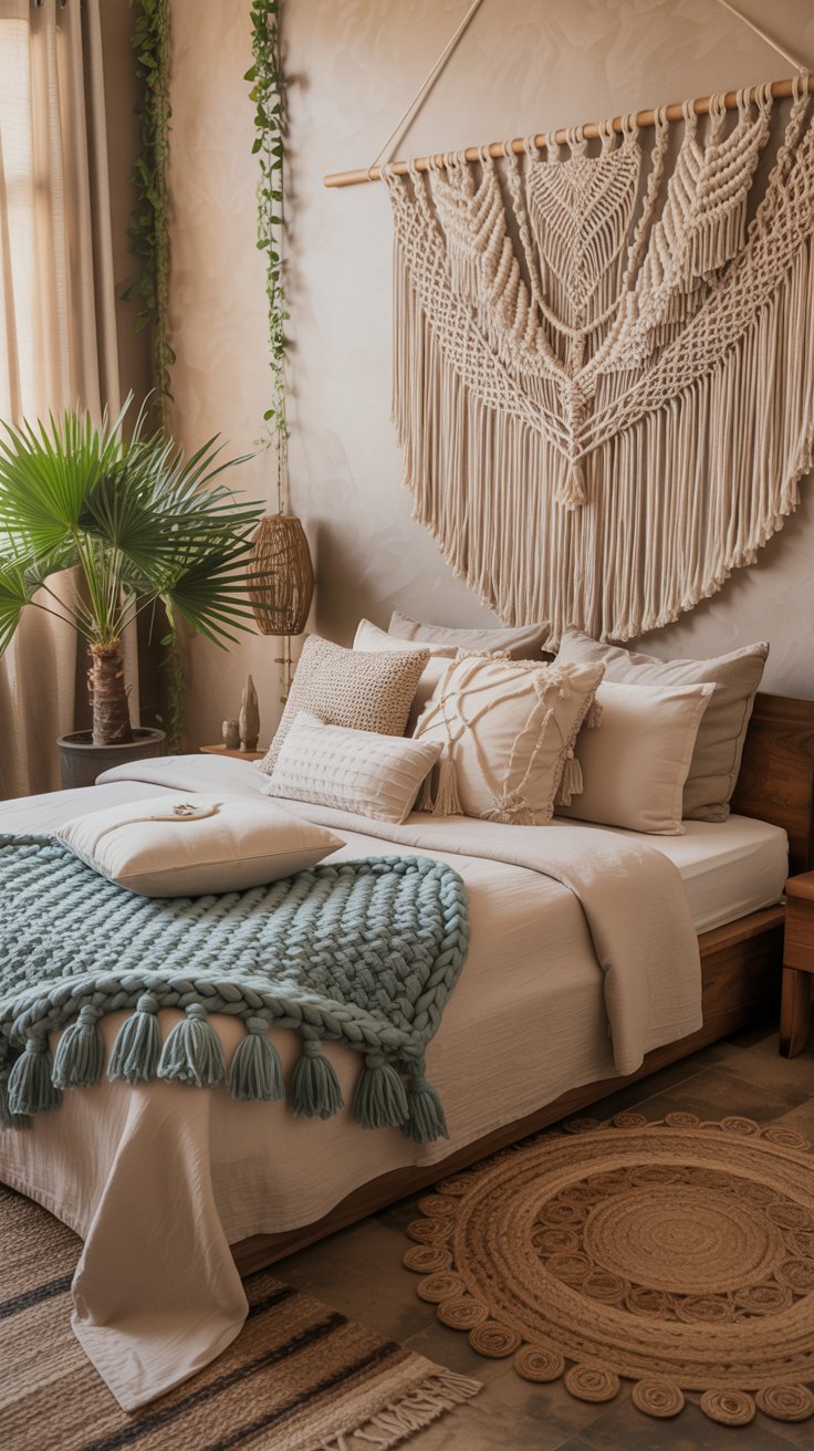 Grande tenture en macramé au dessus d un lit avec des coussins texturés