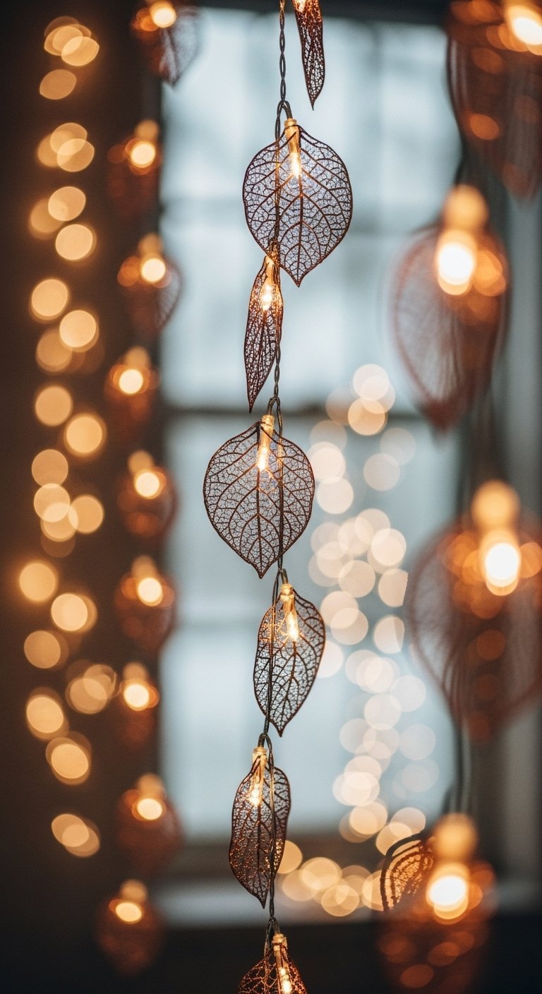 Gros plan sur une guirlande lumineuse avec des feuilles en metal cuivre