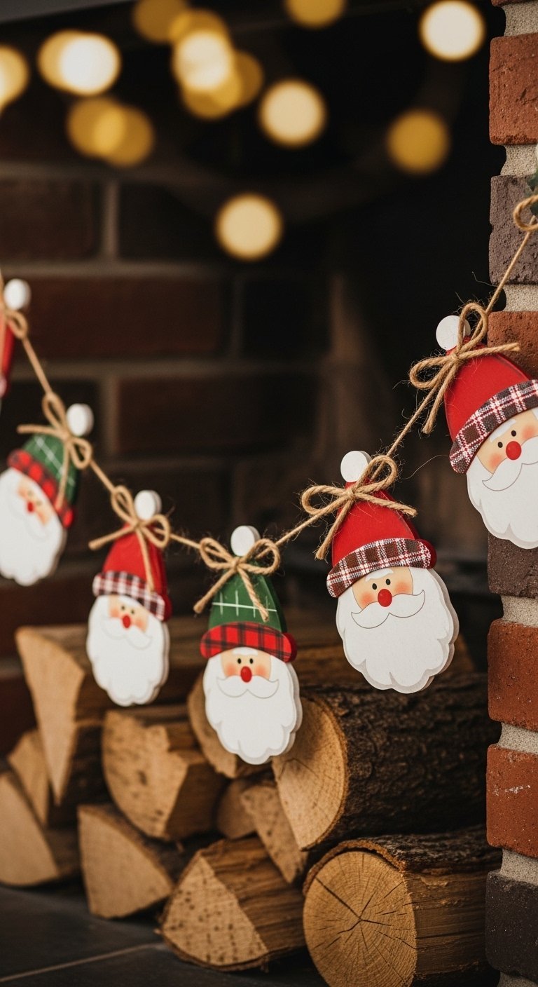 Guirlande de noel faite de tetes de Pere Noel en bois sur une cheminee