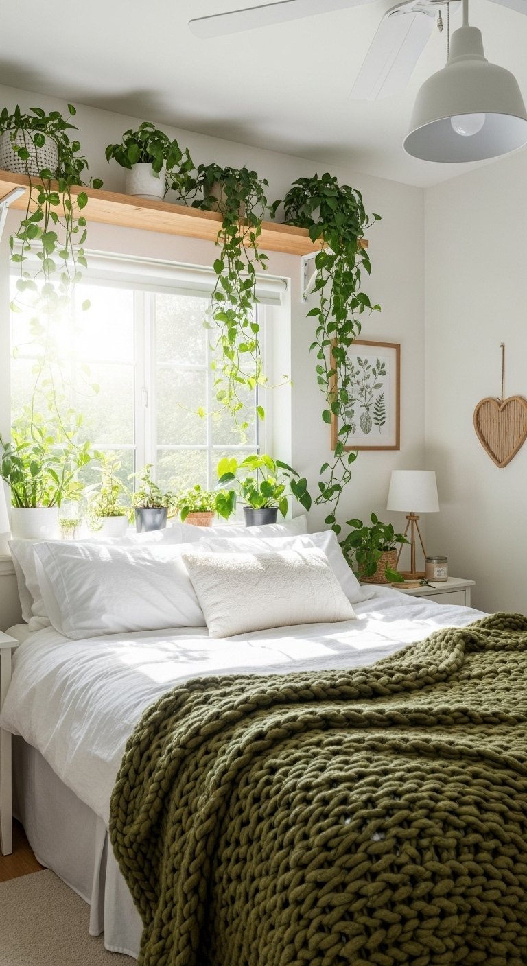 Lit blanc avec un gros plaid vert olive et des plantes à la fenêtre