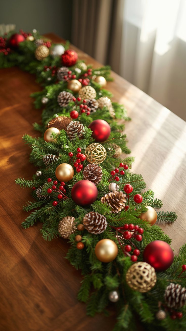 Longue guirlande de sapin décorée de boules de noel rouges et dorées