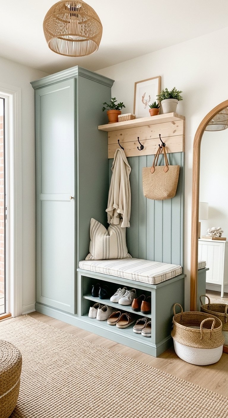 Meuble d entree vert d eau de style boheme avec miroir rond
