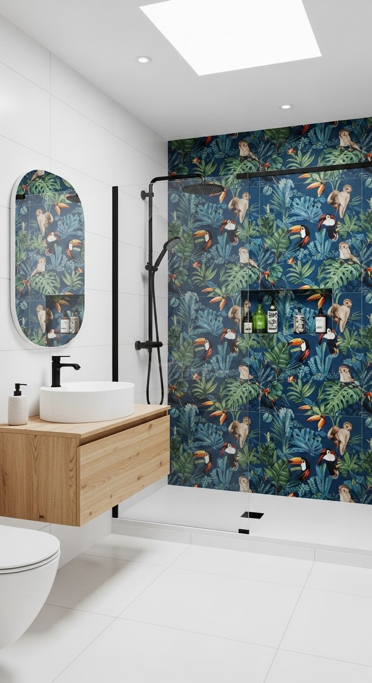Mur de douche avec carrelage à motif tropical toucan