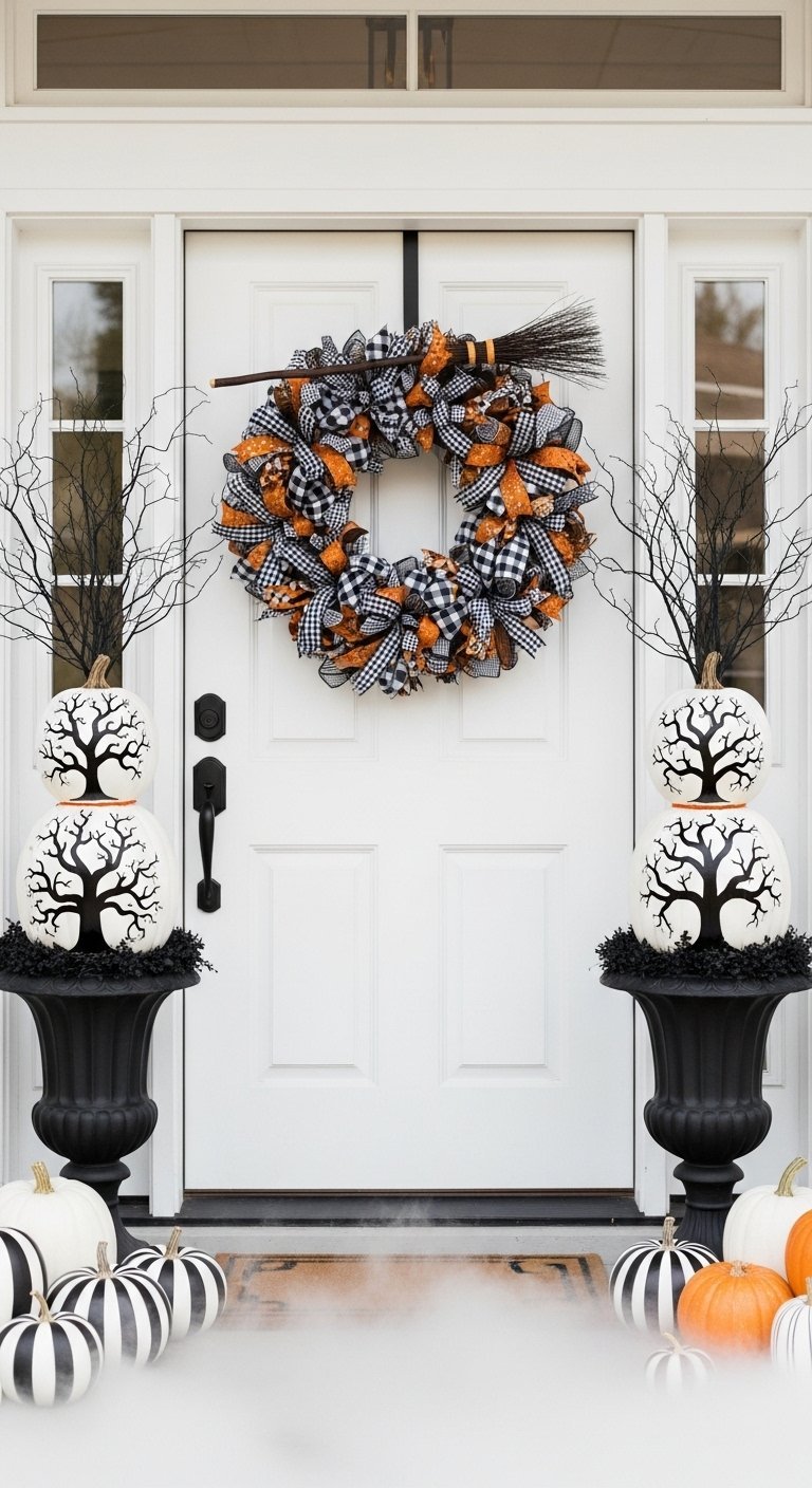 Porte d entrée blanche avec couronne de rubans et citrouilles peintes d arbres