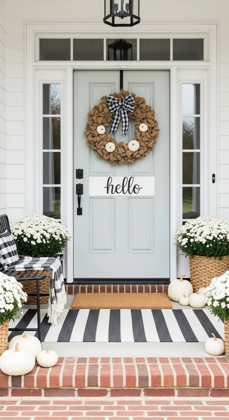 Porte d entree de style farmhouse avec une couronne en toile de jute