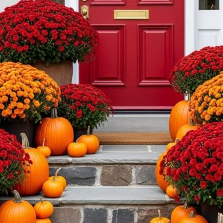 Porte rouge vif entouree de chrysanthemes rouges et de citrouilles