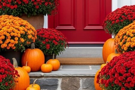 Porte rouge vif entouree de chrysanthemes rouges et de citrouilles