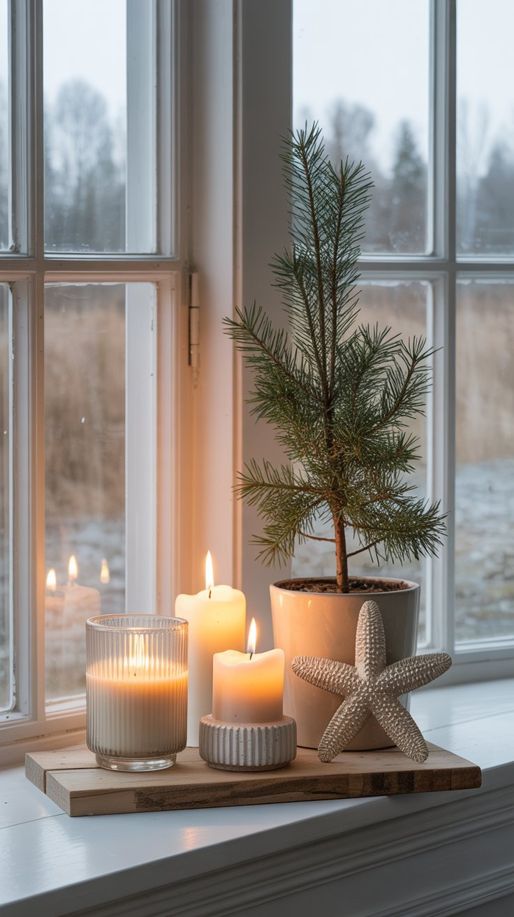 Rebord de fenêtre avec des bougies allumées un mini sapin et une étoile de mer