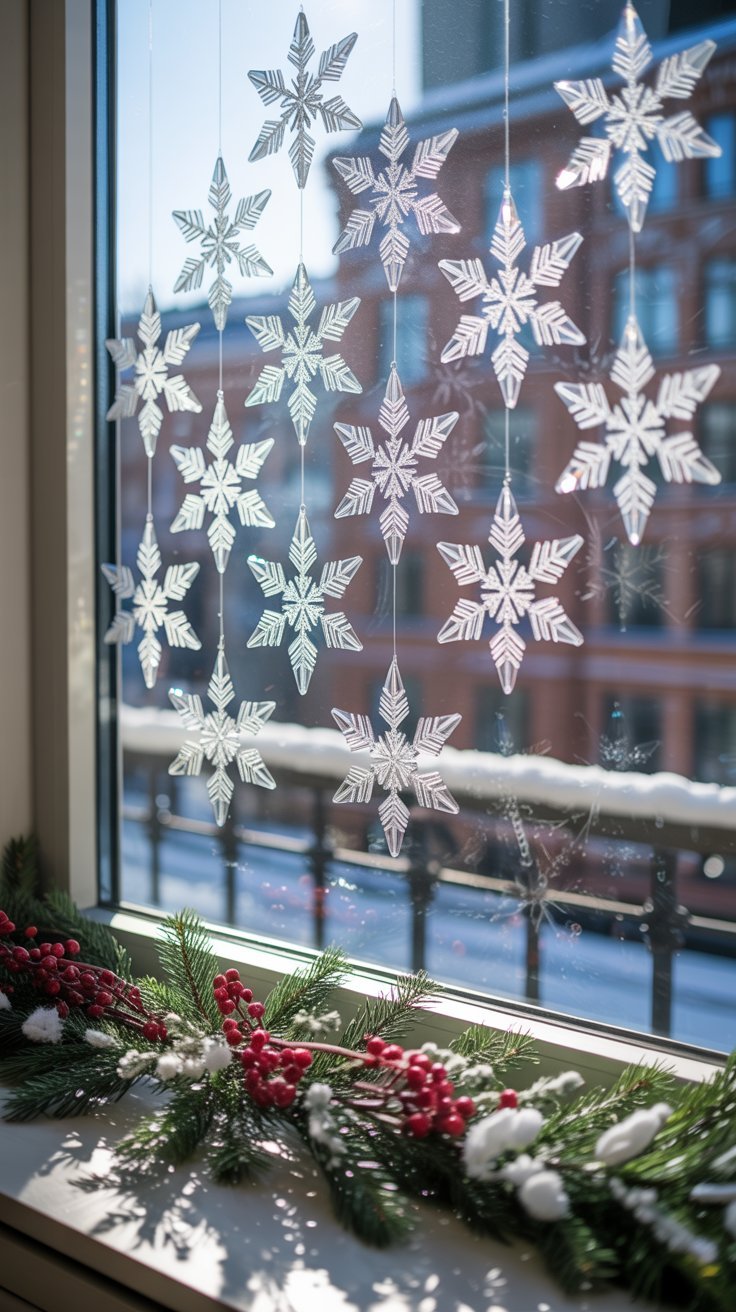 Rideau de flocons de neige en cristal suspendus devant une fenetre