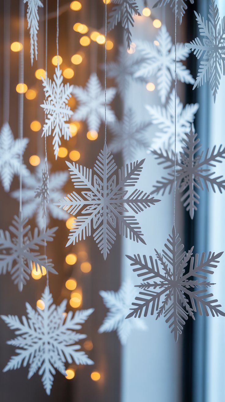 Rideau de flocons de neige en papier blanc suspendus