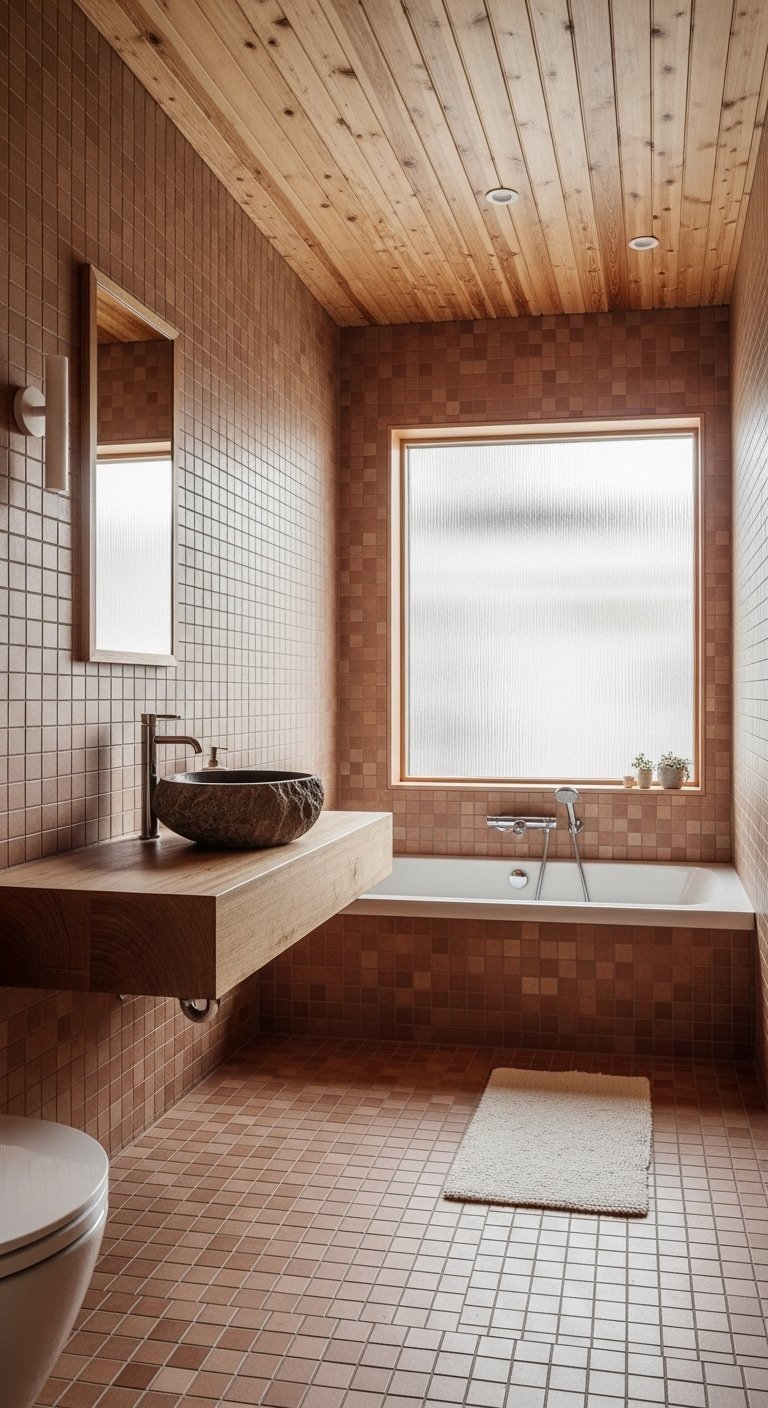 Salle de bain avec mosaïque terracotta et plafond en bois
