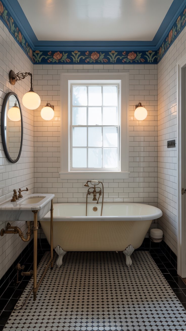 Salle de bain vintage avec baignoire sur pieds et frise florale